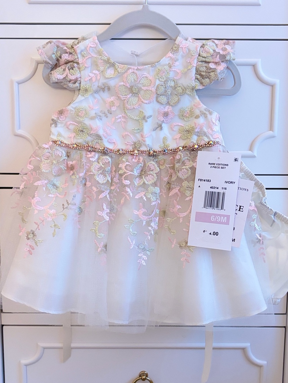 NWT Rare Editions Floral Dress & Diaper Cover Embellished Embroidered 6-9 Months